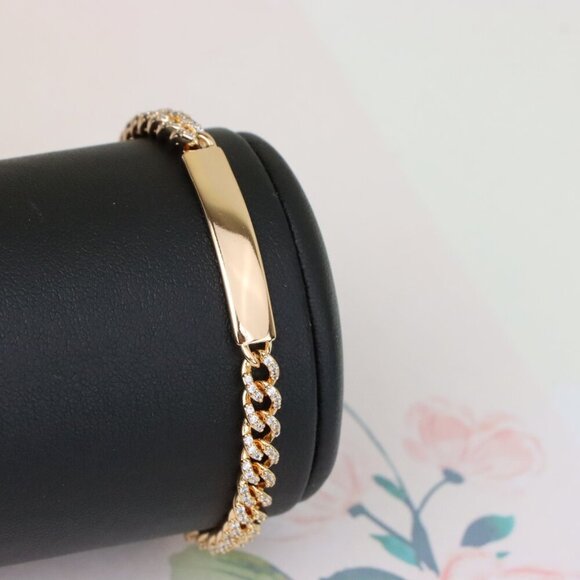 "Rose Gold Polished ID Bracelet with Pave Cuban Chain Design, XPBL0943 - Picture 4 of 11
